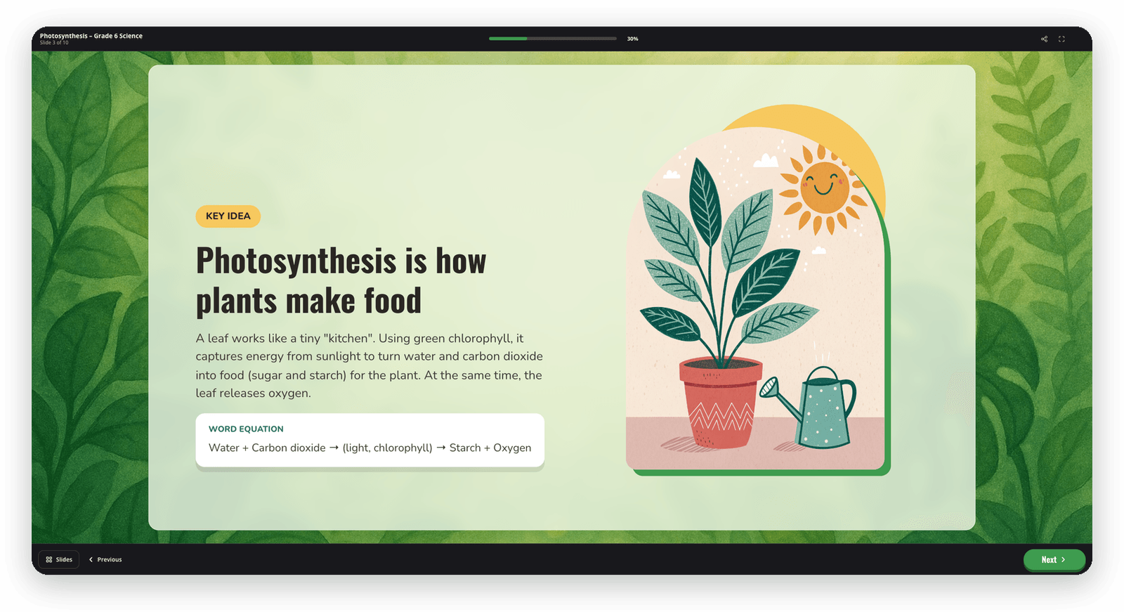 The photosynthesis lesson in the player with the Course layout