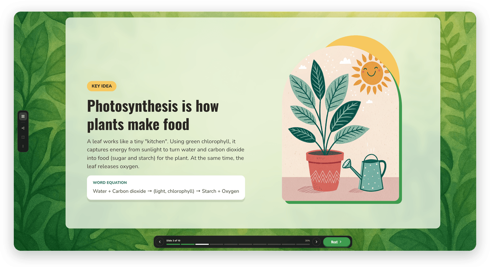 The photosynthesis lesson in the player with the Side rail layout
