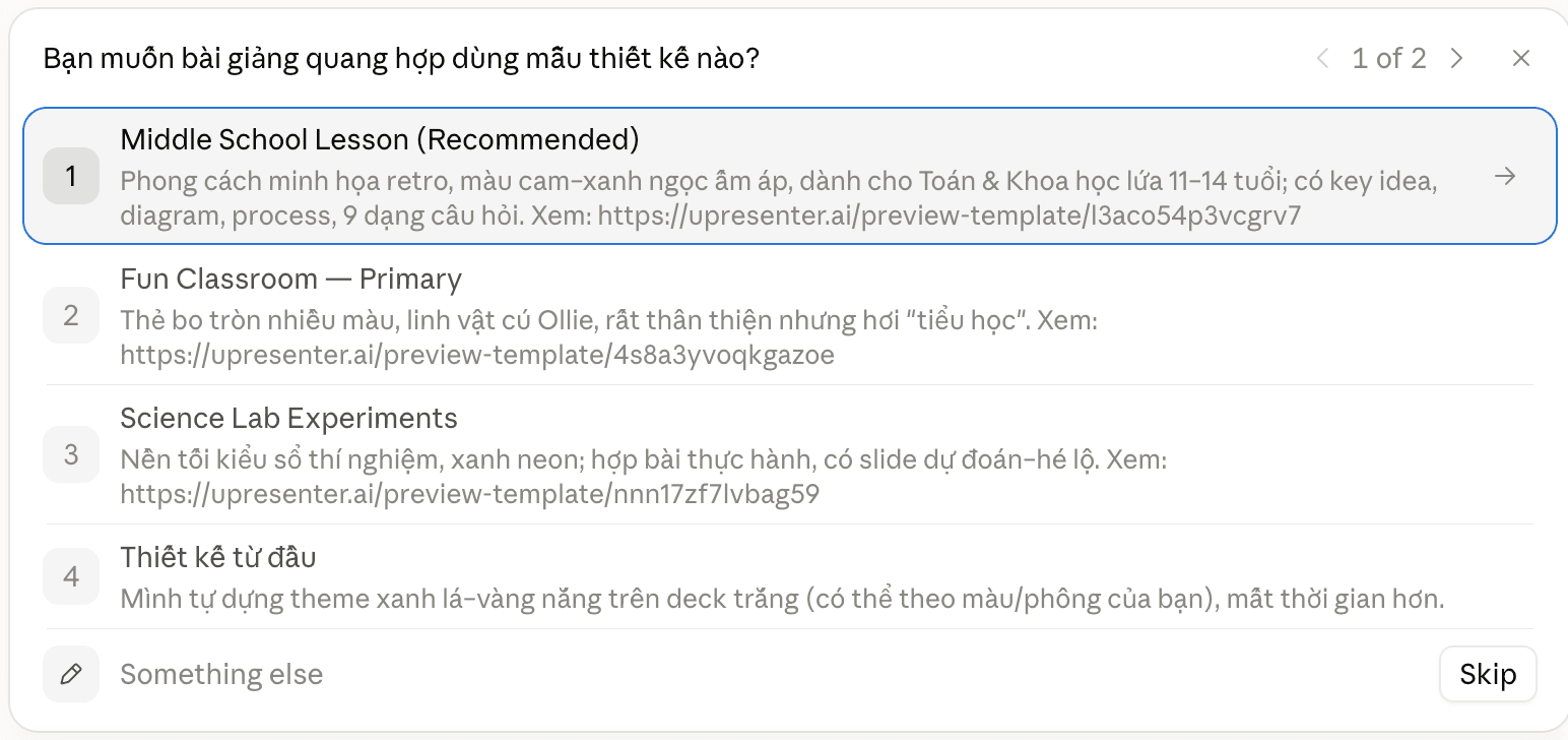 Claude hỏi bạn muốn dùng template nào cho bài giảng