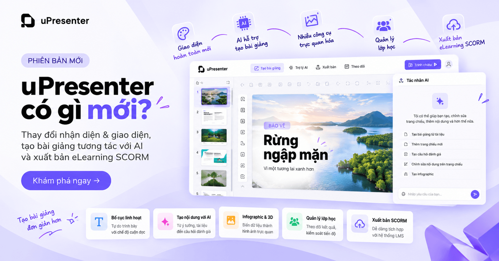 uPresenter có gì mới? Thay đổi nhận diện & giao diện, tạo bài giảng tương tác với AI và xuất bản eLearning SCORM