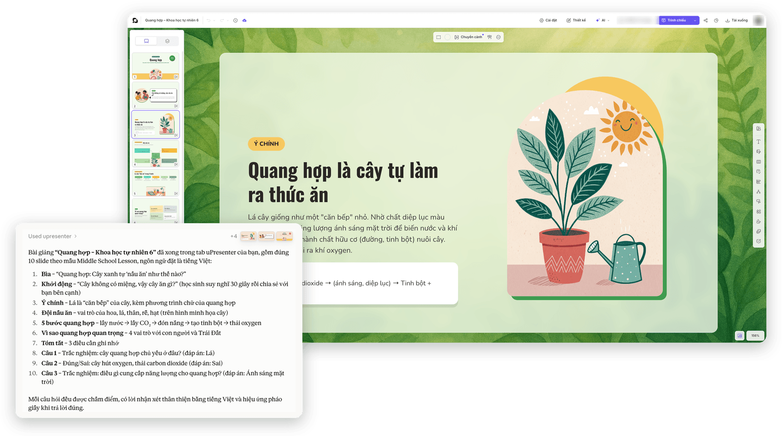 Claude dựng bài giảng quang hợp lớp 6 trong editor uPresenter
