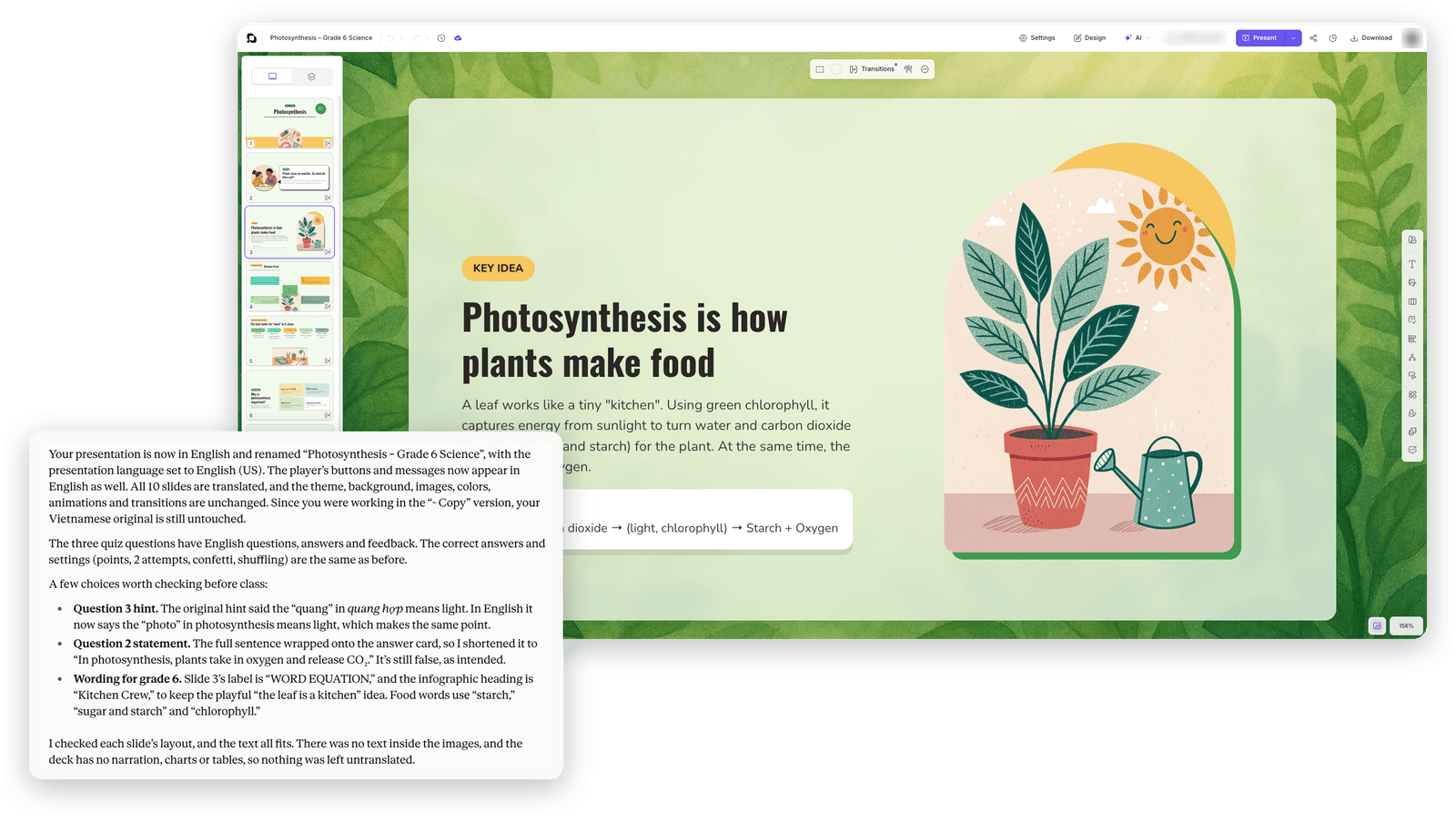 Claude translated a grade 6 photosynthesis lesson into English, right in the uPresenter editor