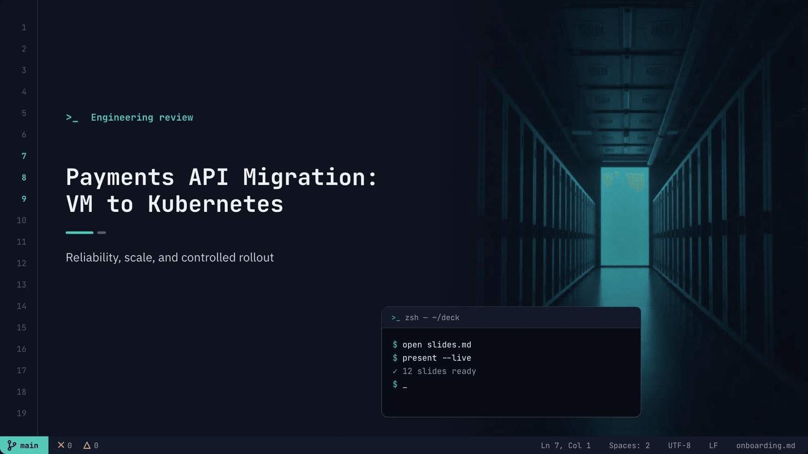 IT Training & Engineering Review — Dev Console presentation template cover