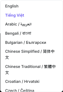 Menu ngôn ngữ giao diện