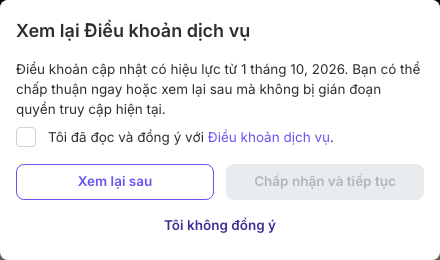 Hộp thoại Xem lại Điều khoản dịch vụ