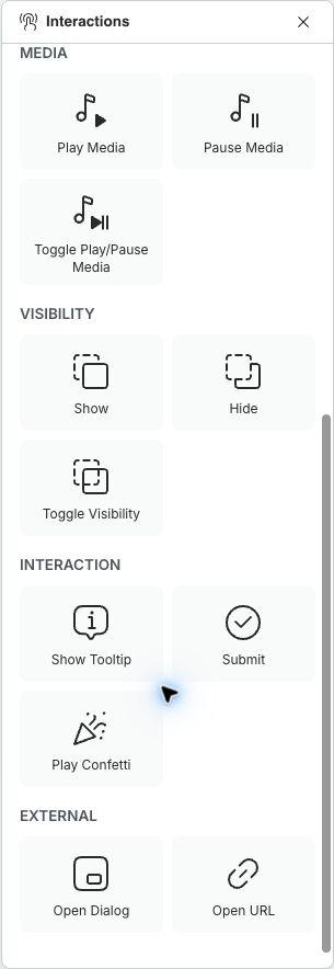 Media, visibility, interaction, and external actions in the Interactions pane