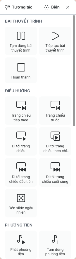 Các hành động bài thuyết trình, điều hướng và phương tiện trong ngăn Tương tác