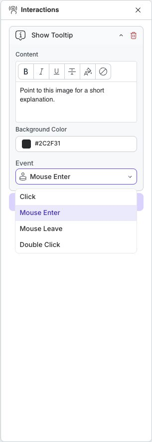 A Show Tooltip action with rich content controls and the object event list open