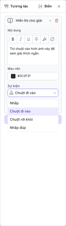 Hành động Hiển thị chú giải với các điều khiển nội dung định dạng và danh sách sự kiện của đối tượng đang mở