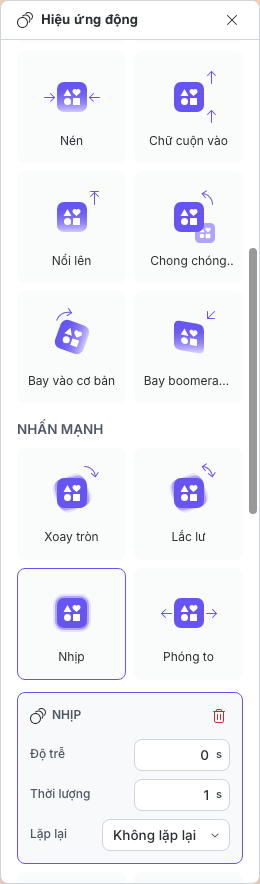 Nhịp được chọn với các điều khiển Độ trễ, Thời lượng và Lặp lại