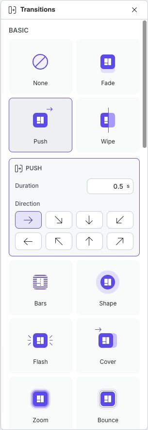 Push selected with Duration, direction controls, and the surrounding transition choices