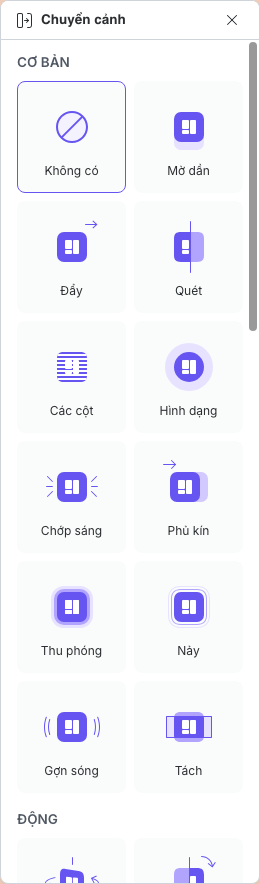 Thư viện hiệu ứng chuyển trang Cơ bản với Không có đang được chọn