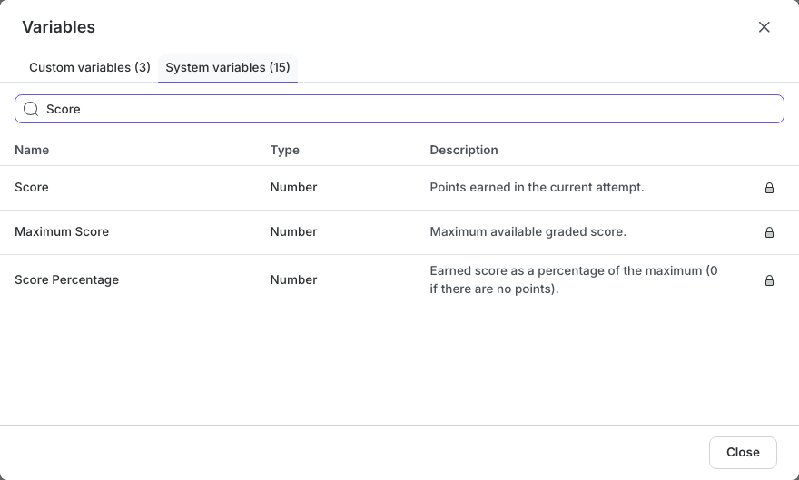 System variables filtered by Score, showing read-only score values and descriptions