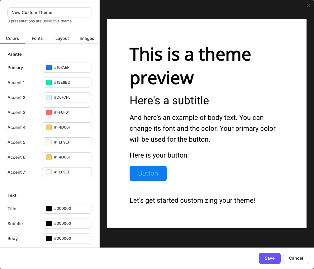 Colors in the custom theme editor