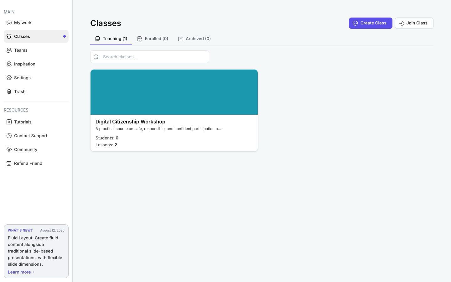 Teaching classes page with class controls