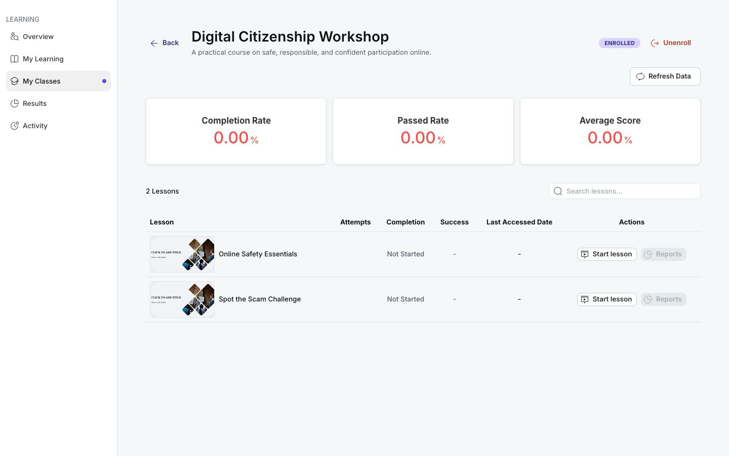 Enrolled class detail in Student View