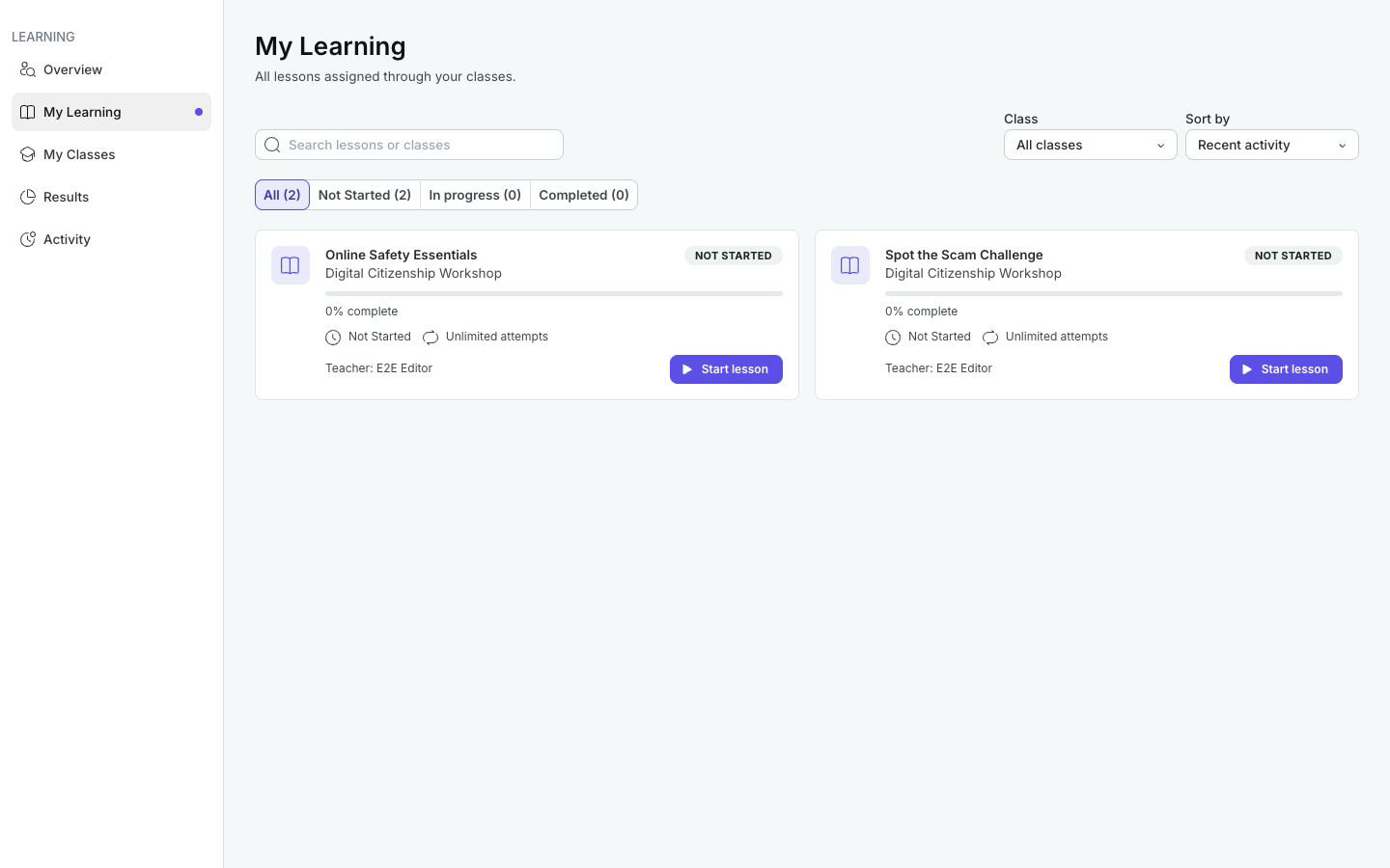 My Learning with search, class, status, and sort controls