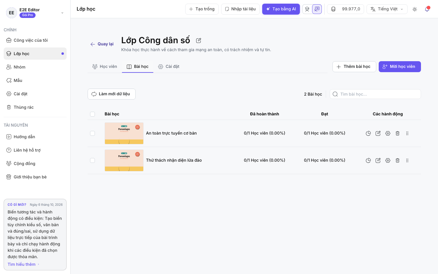 Tab Bài học của lớp với tiến độ và các thao tác trên bài học