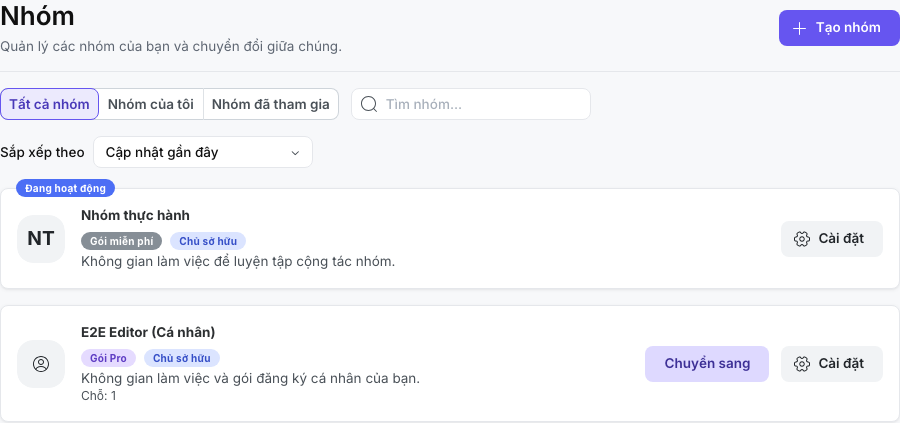 Trang Nhóm với một nhóm đang hoạt động và không gian làm việc cá nhân