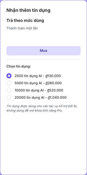 Các lựa chọn mua tín dụng một lần