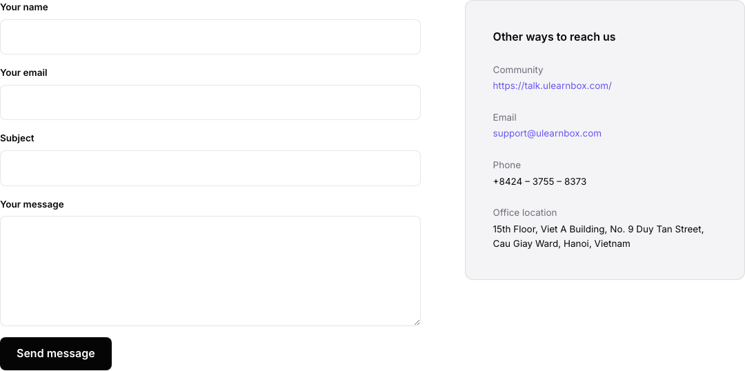 Contact form and other support channels