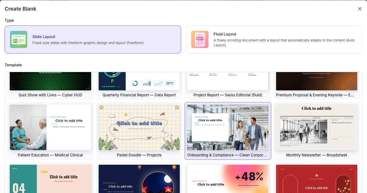 Templates available for a blank Slide Layout lesson