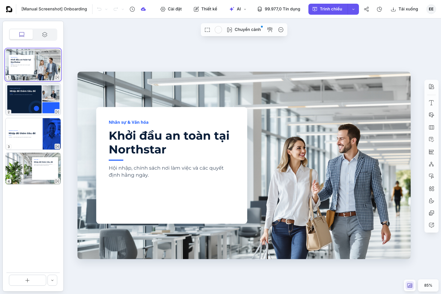 Không gian làm việc của trình soạn thảo hiện tại