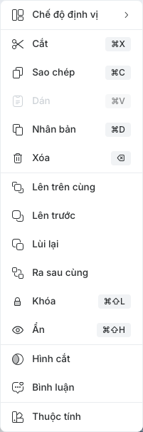Các phím tắt hiển thị trong menu Thêm của đối tượng đang chọn