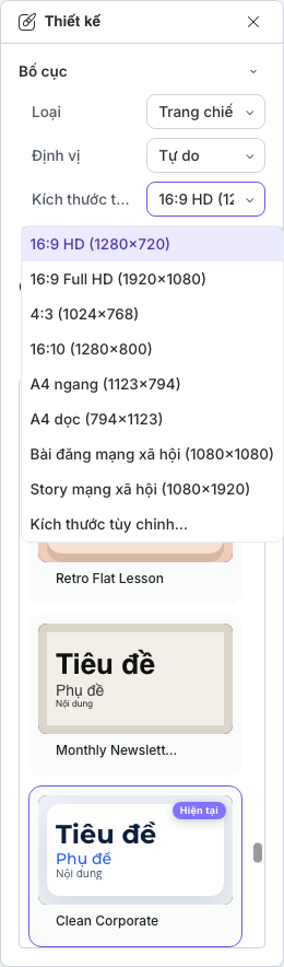 Các kích thước trang chiếu cố định có sẵn