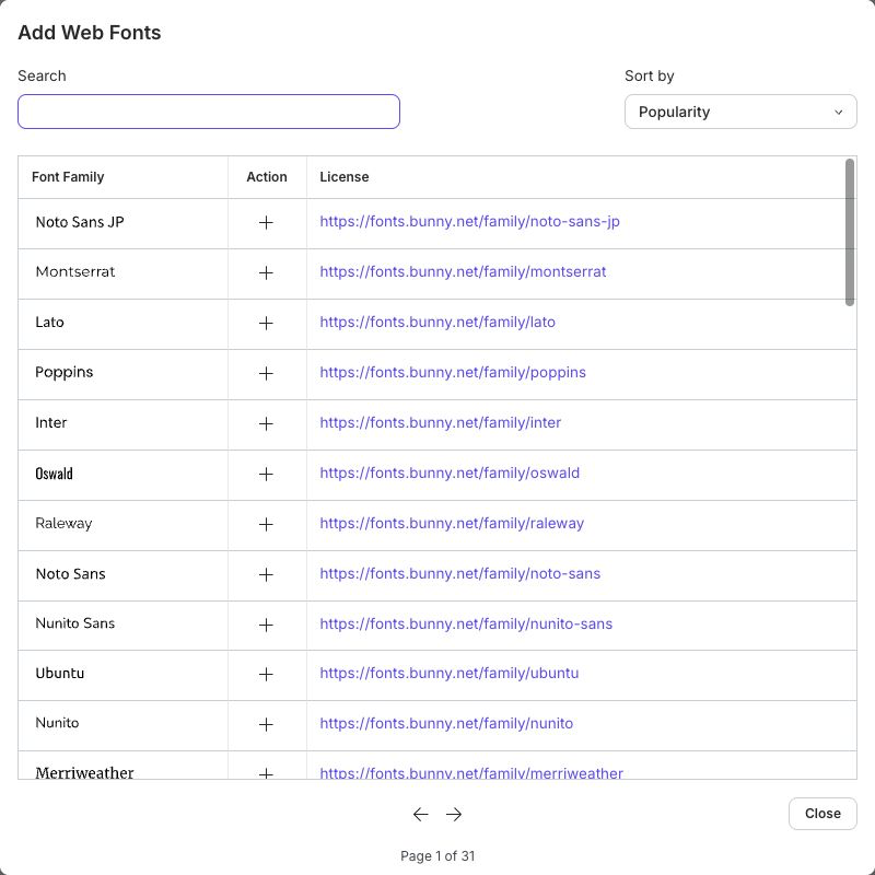 Add Web Fonts dialog