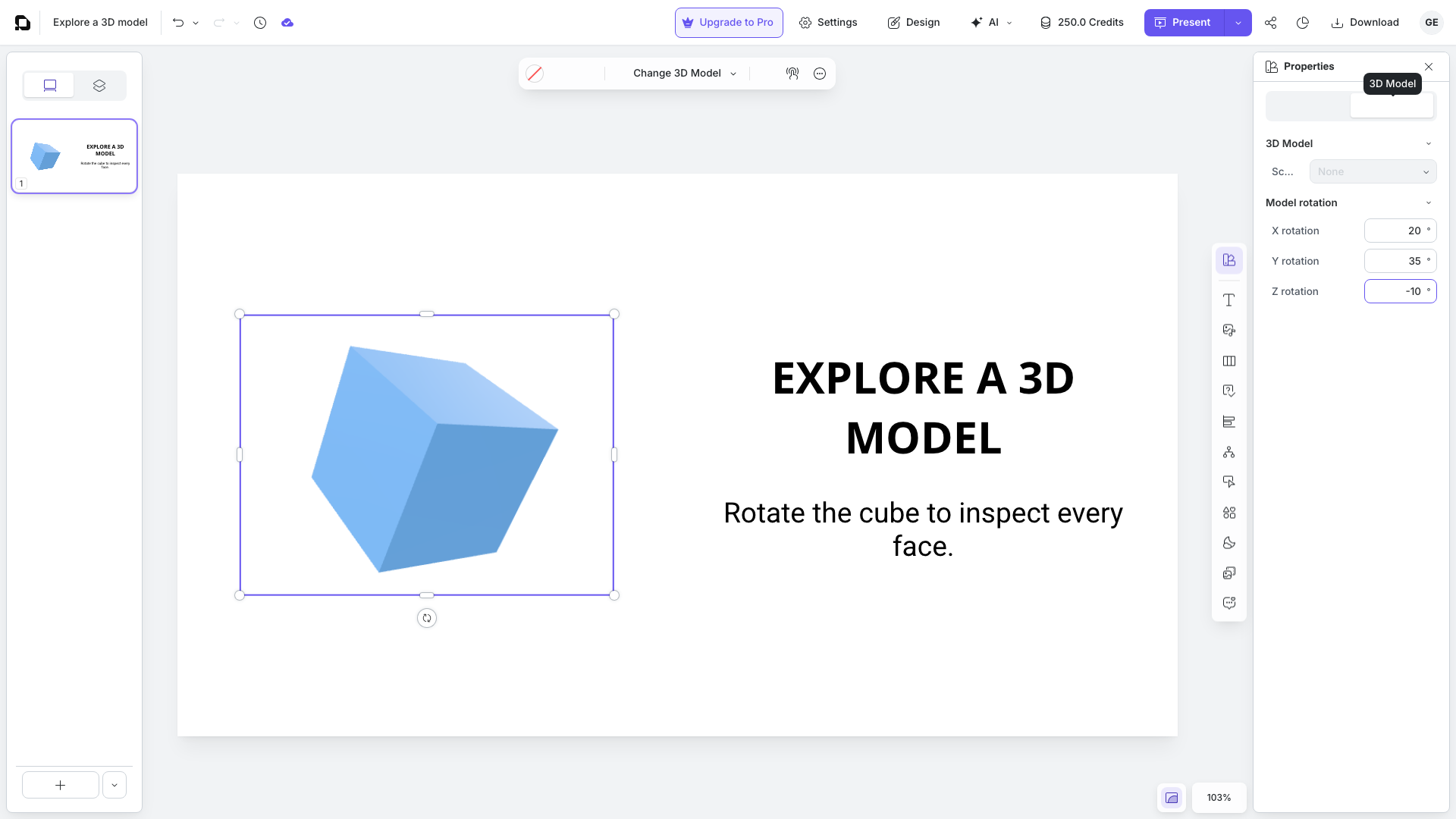 The practice model after changing all three rotation values