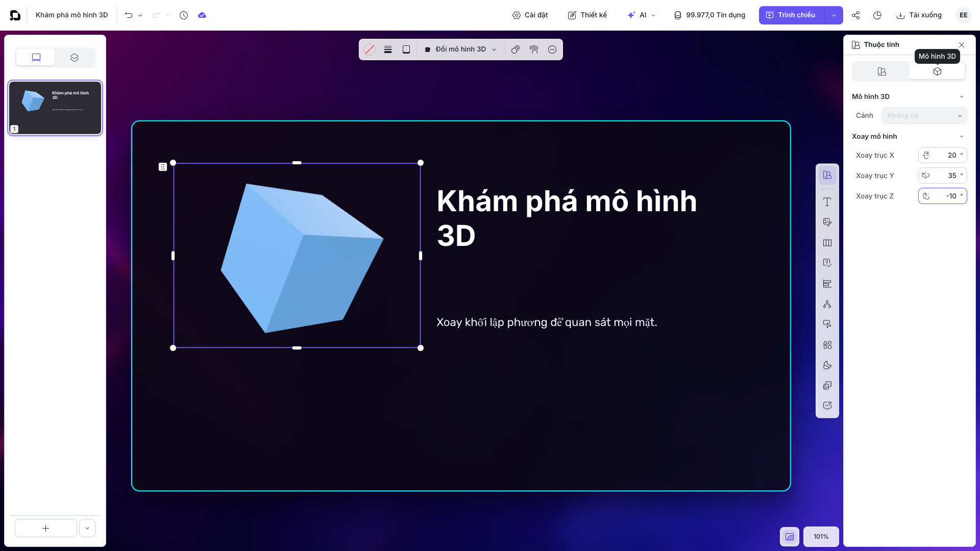 Mô hình thực hành sau khi đổi cả ba giá trị xoay