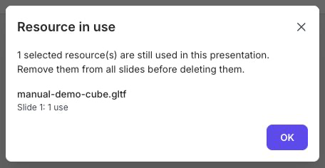 The Resource in use dialog identifies the slide using the selected file