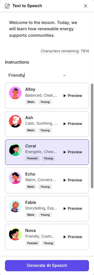 A prepared Text to Speech pane with Friendly selected and Coral chosen