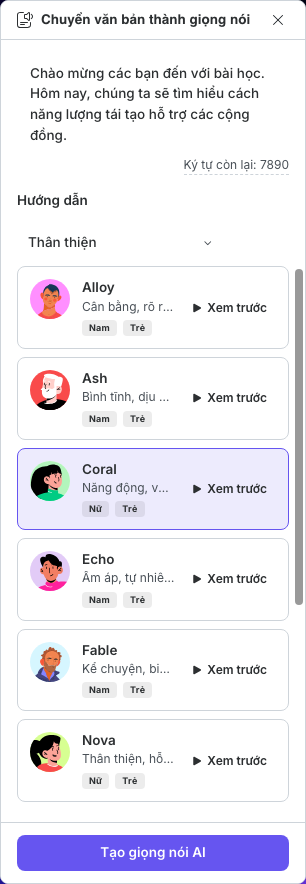 Ngăn Chuyển văn bản thành giọng nói đã chuẩn bị, chọn phong cách Friendly và giọng Coral