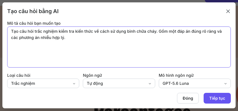 Hộp thoại Tạo câu hỏi bằng AI