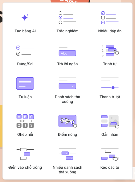 Thư viện Câu hỏi chứa ba loại câu hỏi lựa chọn