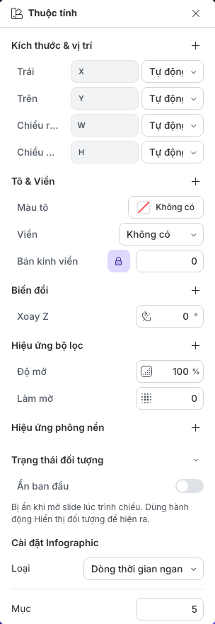 Thuộc tính hiển thị các điều khiển Loại và Mục trong Cài đặt Infographic