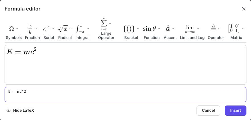 The Formula editor with E equals mc squared in the equation and LaTeX fields